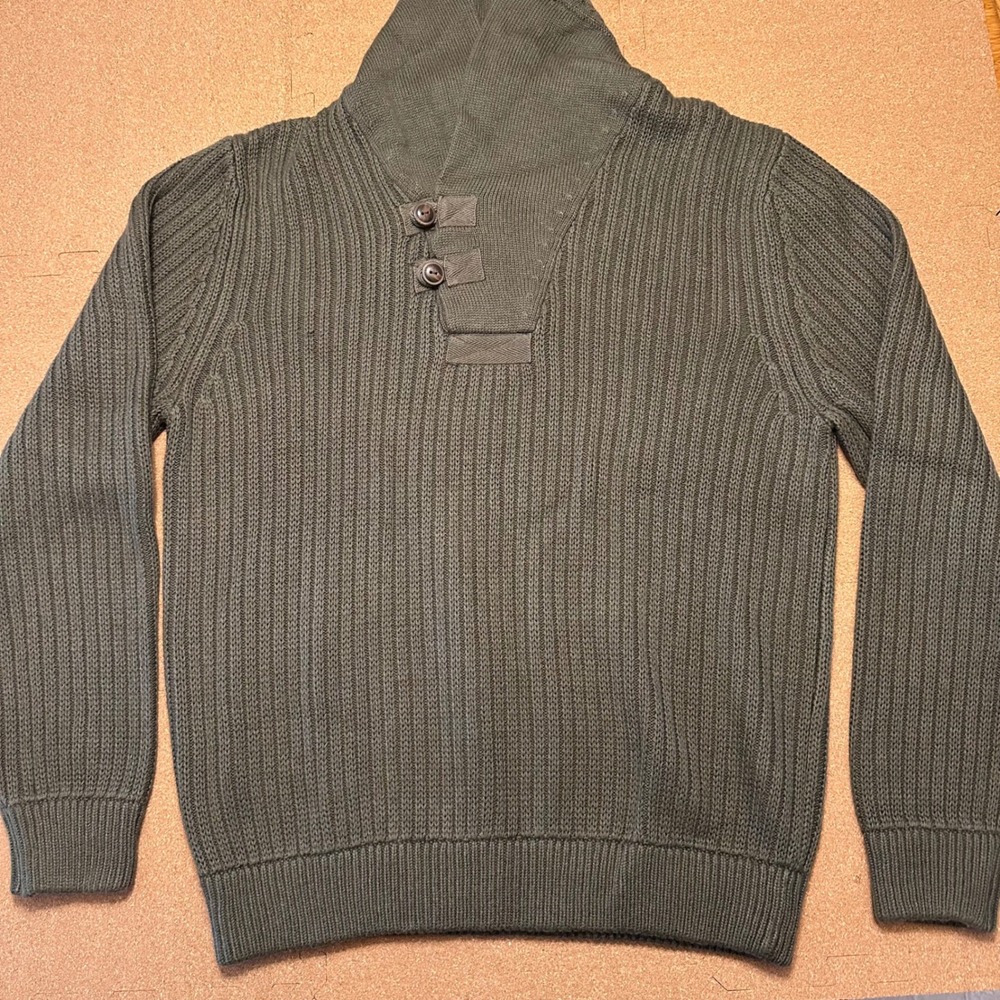 Duluth Trading Co Sweater Mens Large Olive Green Cotton Wool Ribbed Shawl Neck